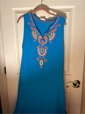 Blue Embroidered V-Neck Midi Dress